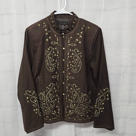 Silkland Brown Green Paisley Embroidered Boho Silk Retro Hippie Jacket M - Picture 9 of 12